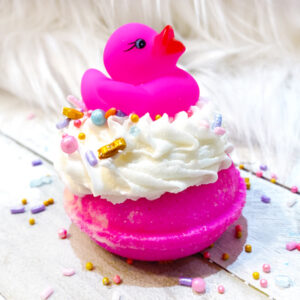 pink and white cotton candy donut bath bomb rubber duckit